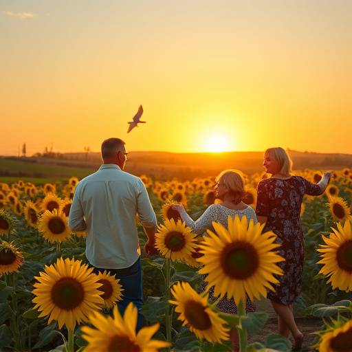 Fotografia di famiglia scattata in un campo di girasoli toscano al tramonto.