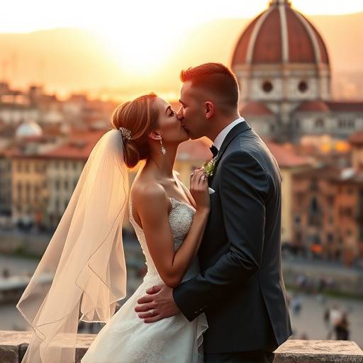 Fotografia di un matrimonio con gli sposi che si baciano davanti al Duomo di Firenze.