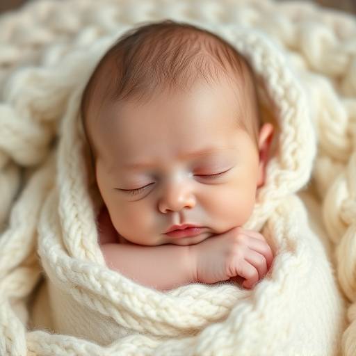 Ritratti di un neonato dormiente avvolto in una coperta di lana bianca.