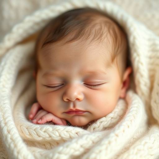 Ritratti di un neonato dormiente avvolto in una coperta di lana bianca, con un'espressione serena e pacifica.