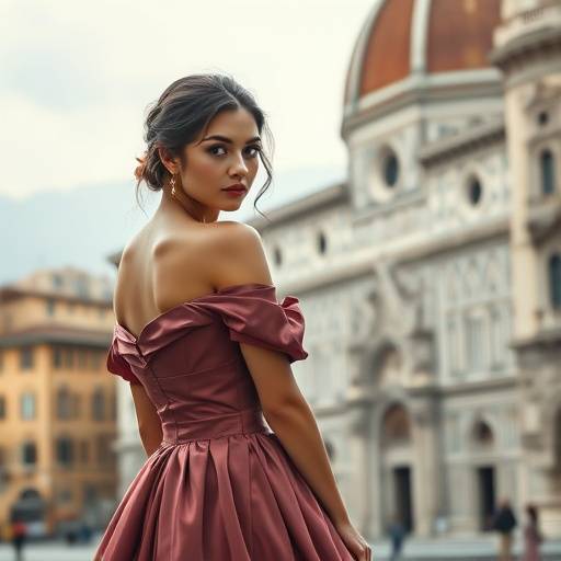 Ritratto artistico di una giovane donna con un vestito elegante, ambientato in una location storica di Firenze.