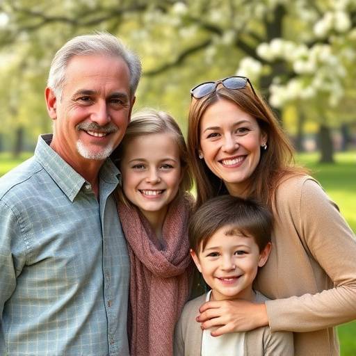 Ritratto di famiglia sorridente in un parco di Firenze durante la primavera.
