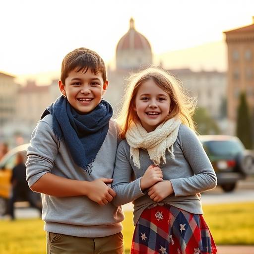 Ritratto di una famiglia felice con due bambini piccoli, scattato in un parco giochi a Firenze.