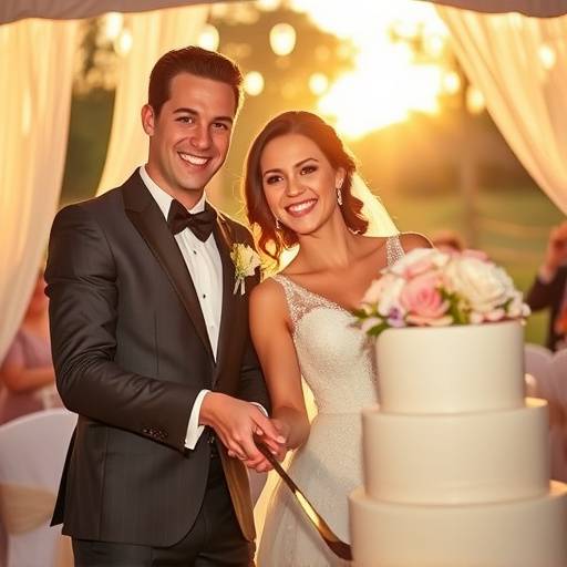 Scatto del taglio della torta nuziale, con gli sposi sorridenti e felici.
